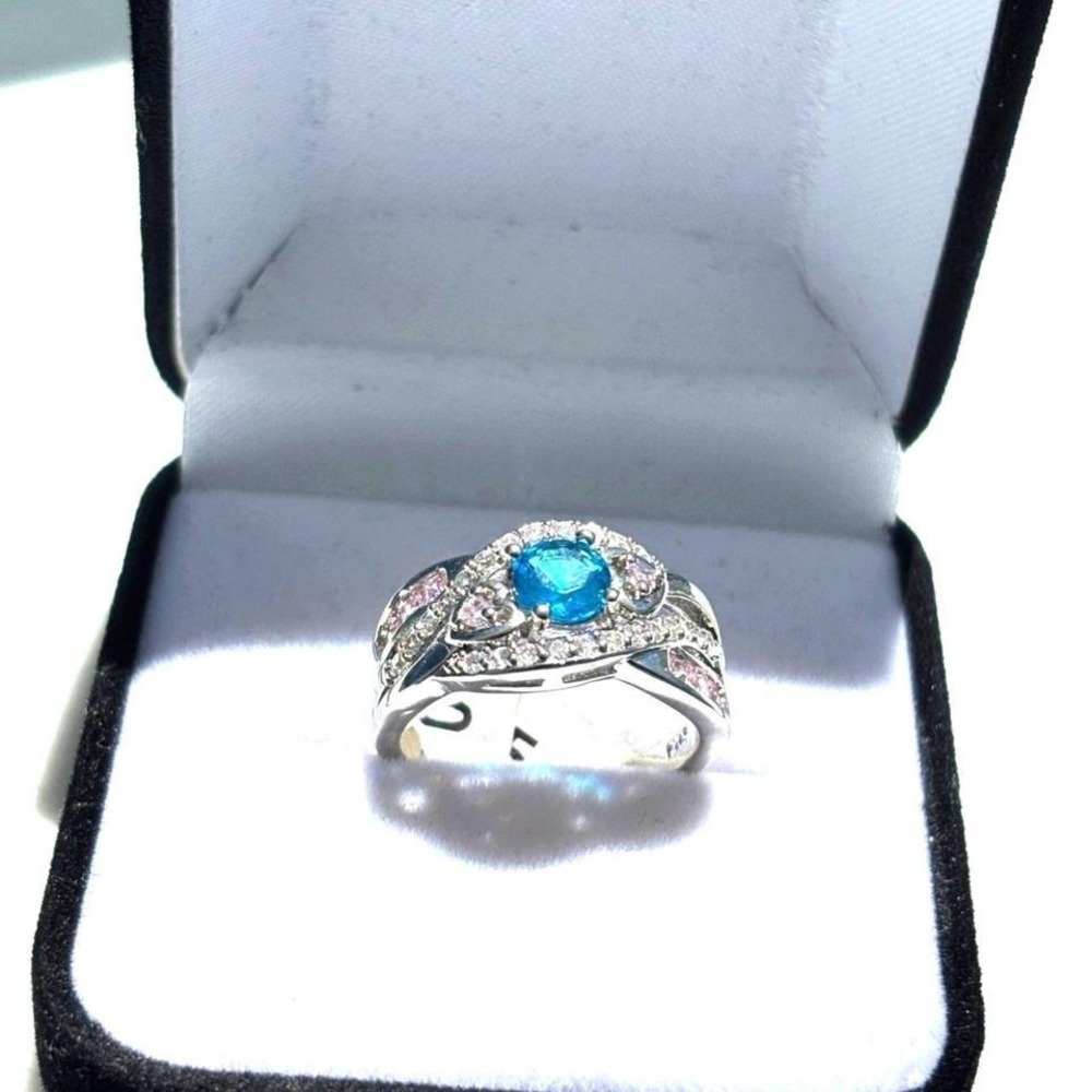 Ring Silver Tone Blue Pink Rhinestone Heart Statement New Size 7